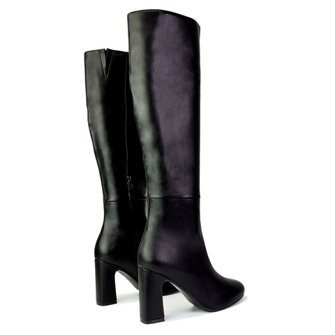 Lillia Winter Zip-up Long Block High Heel Knee High Boots in Black Synthetic Leather