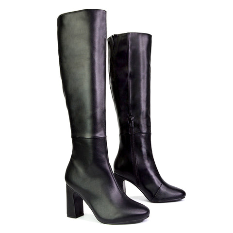 Lillia Winter Zip-up Long Block High Heel Knee High Boots in Black Faux Suede