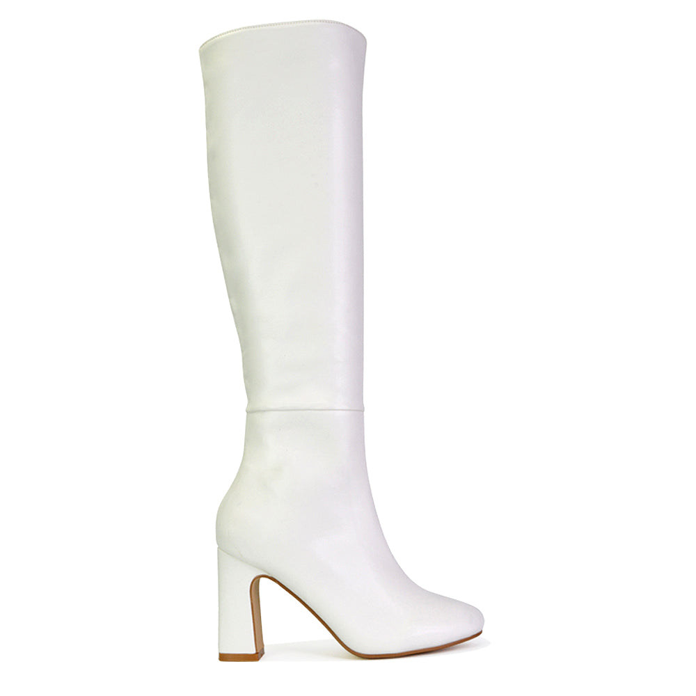 Lillia Winter Zip-up Long Block High Heel Knee High Boots in White Synthetic Leather