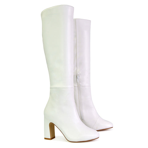 Lillia Winter Zip-up Long Block High Heel Knee High Boots in White Synthetic Leather
