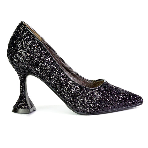 Dragonfruit Glitter Pumps Pointed Toe Sparkly Glitter Heel Court Shoes in Black