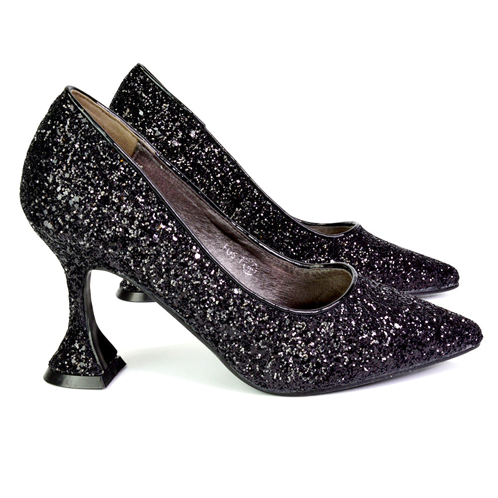Dragonfruit Glitter Pumps Pointed Toe Sparkly Glitter Heel Court Shoes in Black
