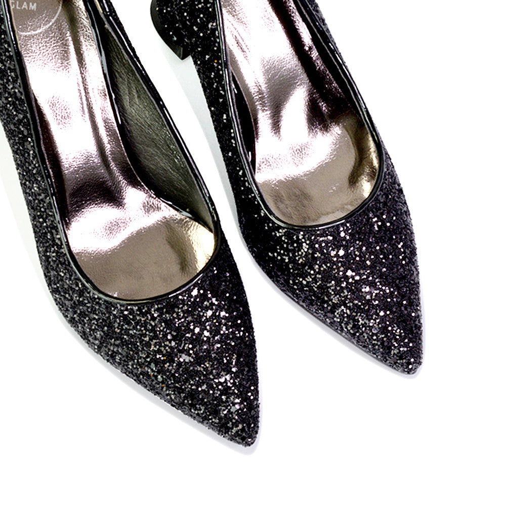 Dragonfruit Glitter Pumps Pointed Toe Sparkly Glitter Heel Court Shoes in Silver