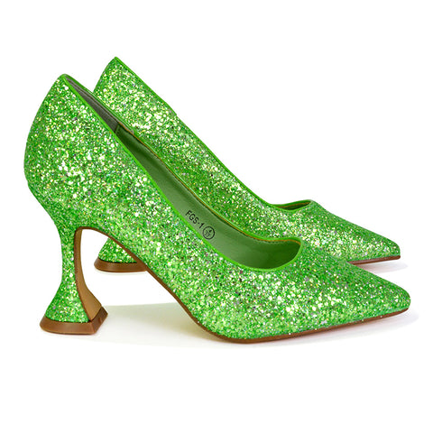 Dragonfruit Glitter Pumps Pointed Toe Sparkly Glitter Heel Court Shoes in Green