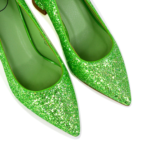 Dragonfruit Glitter Pumps Pointed Toe Sparkly Glitter Heel Court Shoes in Green