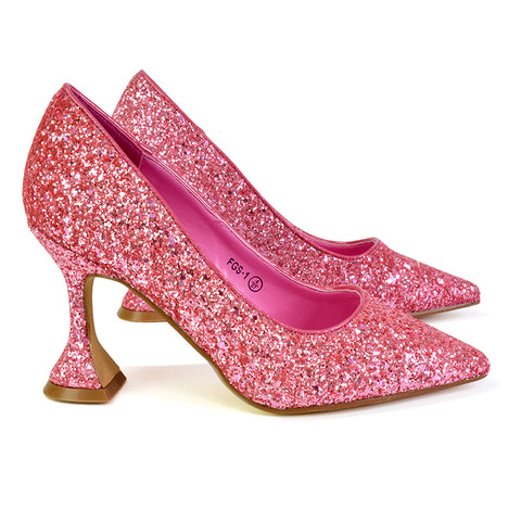 Dragonfruit Glitter Pumps Pointed Toe Sparkly Glitter Heel Court Shoes in Silver