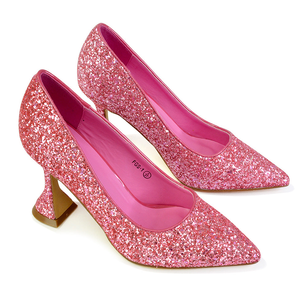 Dragonfruit Glitter Pumps Pointed Toe Sparkly Glitter Heel Court Shoes in Pink