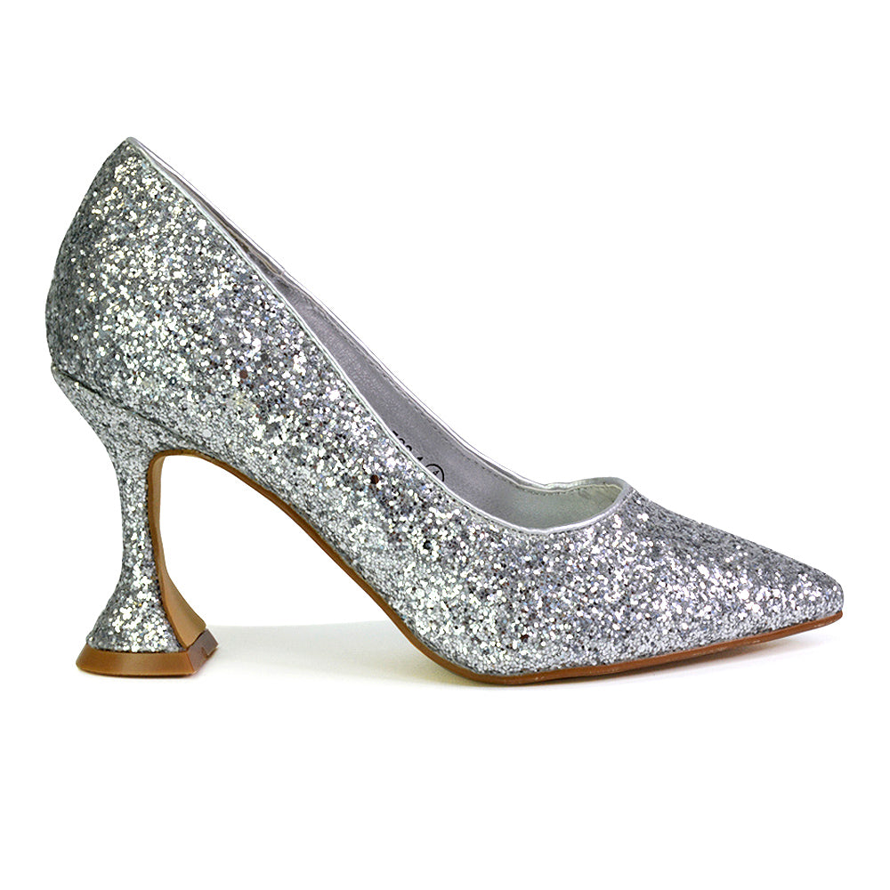 Dragonfruit Glitter Pumps Pointed Toe Sparkly Glitter Heel Court Shoes in Silver