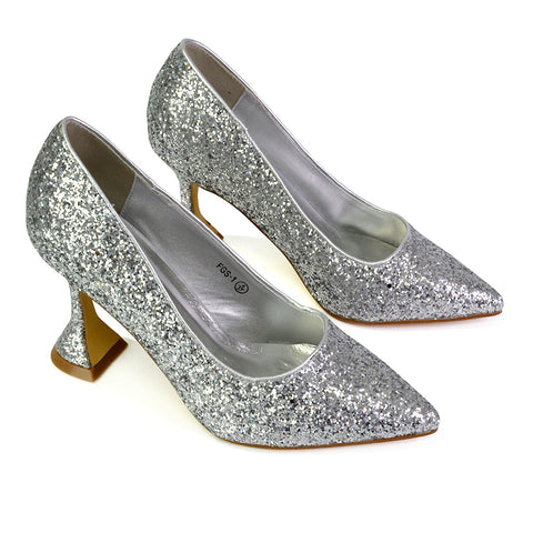 Dragonfruit Glitter Pumps Pointed Toe Sparkly Glitter Heel Court Shoes in Silver