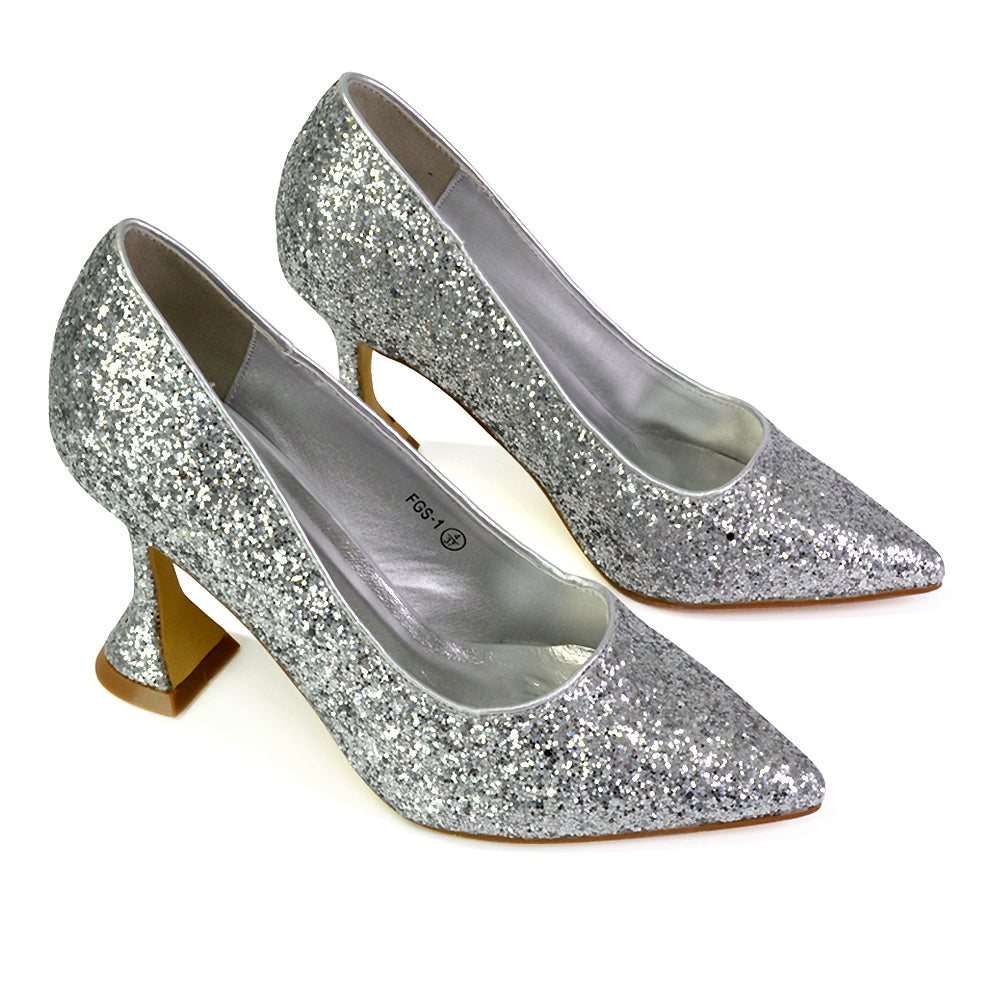 Dragonfruit Glitter Pumps Pointed Toe Sparkly Glitter Heel Court Shoes in Silver