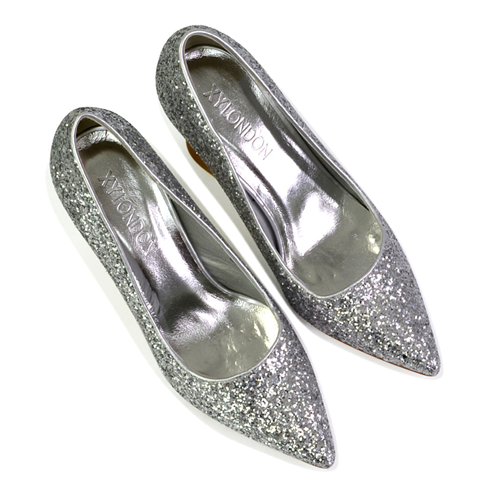 Dragonfruit Glitter Pumps Pointed Toe Sparkly Glitter Heel Court Shoes in Silver