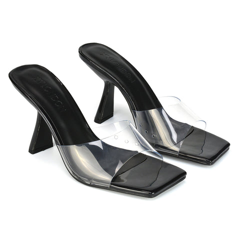Lacie Square Toe Perspex Thin Block High Heel Mule Sandals in Black Patent