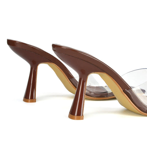 Lacie Square Toe Perspex Thin Block High Heel Mule Sandals in Orange Patent