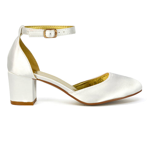 BILLIE-MAY CHUNKY STRAPPY MID BLOCK HIGH HEELS COURT SHOES IN WHITE
