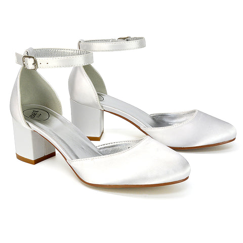 BILLIE-MAY CHUNKY STRAPPY MID BLOCK HIGH HEELS COURT SHOES IN IVORY