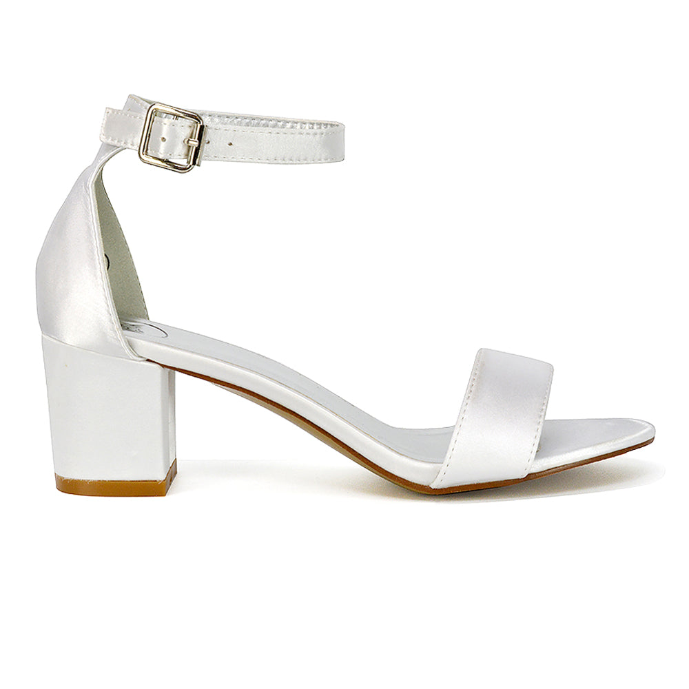 RITA BUCKLE UP ANKLE STRAP LOW MID-BLOCK HIGH HEEL SANDALS IN WHITE SATIN