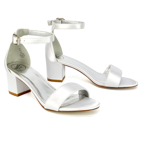 RITA BUCKLE UP ANKLE STRAP LOW MID-BLOCK HIGH HEEL SANDALS IN WHITE SATIN