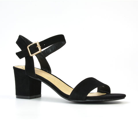 Mariana Strappy Buckle Up Mid Block Heel Sandals in Navy Faux Suede