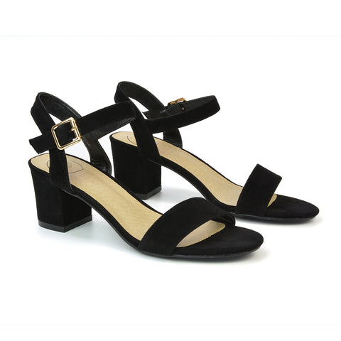 Mariana Strappy Buckle Up Mid Block Heel Sandals in Black Faux Suede