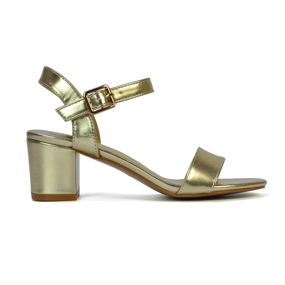 Mariana Strappy Buckle Up Mid Block Heel Sandals in Gold Metallic