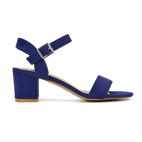 Mariana Strappy Buckle Up Mid Block Heel Sandals in Navy Faux Suede