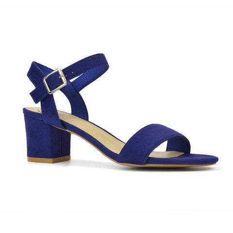 Mariana Strappy Buckle Up Mid Block Heel Sandals in Navy Faux Suede