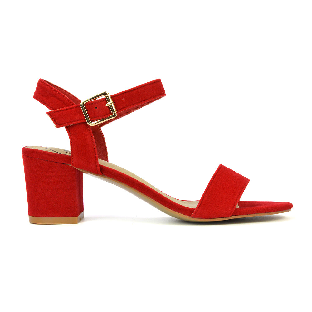 Mariana Strappy Buckle Up Mid Block Heel Sandals in Red Faux Suede