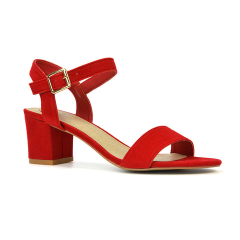 Mariana Strappy Buckle Up Mid Block Heel Sandals in Red Faux Suede