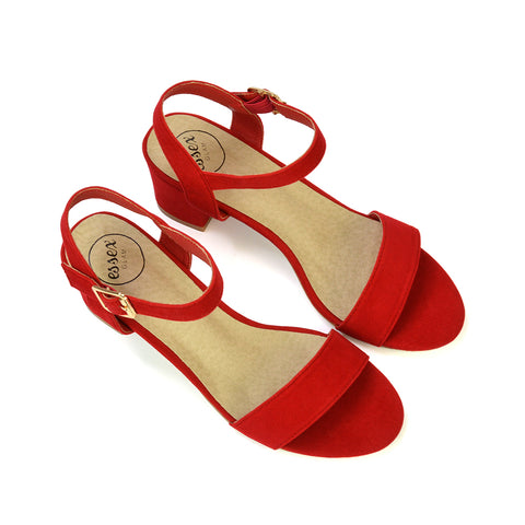 Mariana Strappy Buckle Up Mid Block Heel Sandals in Red Faux Suede