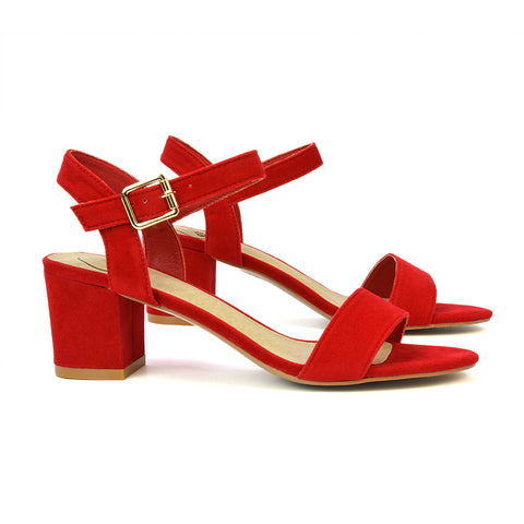 Mariana Strappy Buckle Up Mid Block Heel Sandals in Red Faux Suede