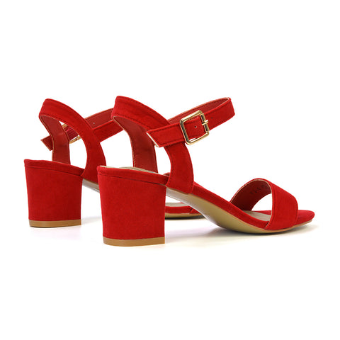 red mid block heel sandals