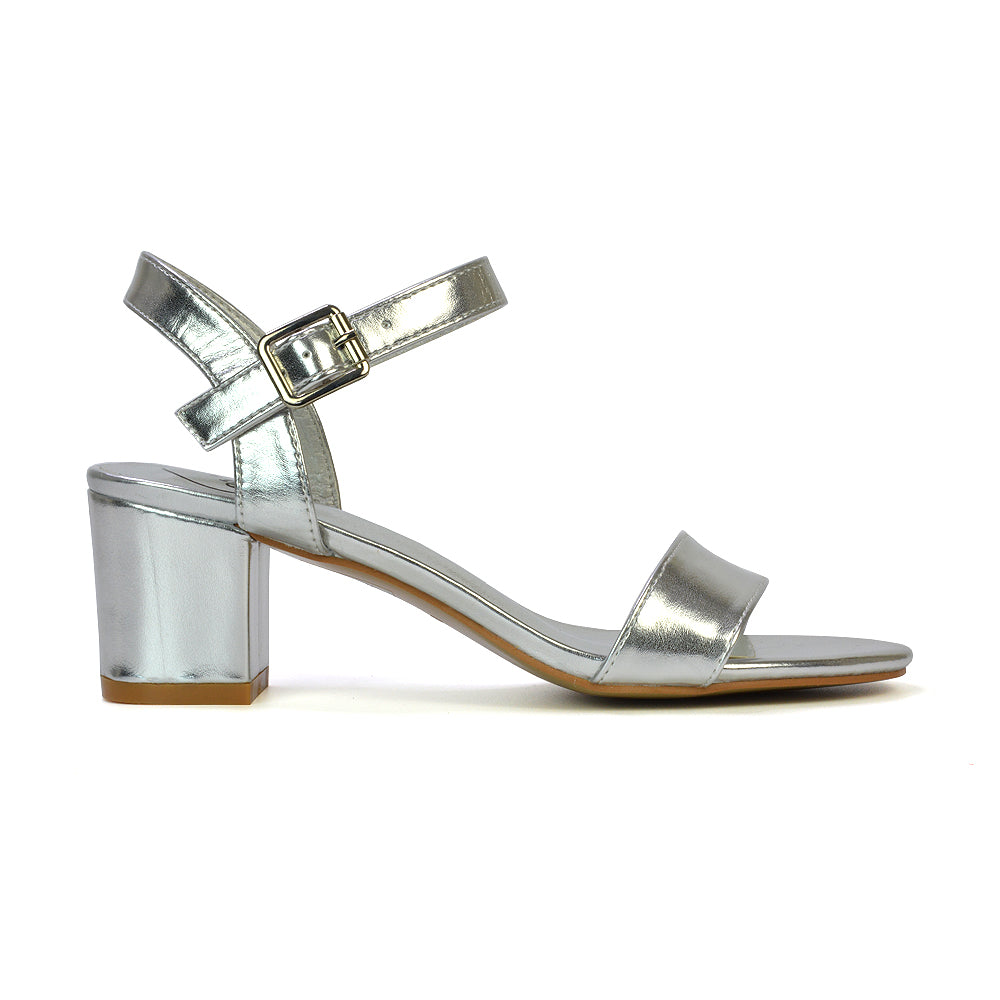 Mariana Strappy Buckle Up Mid Block Heel Sandals in Silver Metallic