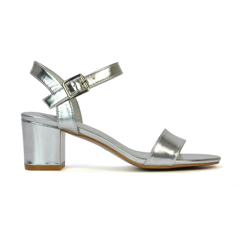 Mariana Strappy Buckle Up Mid Block Heel Sandals in Gold Metallic