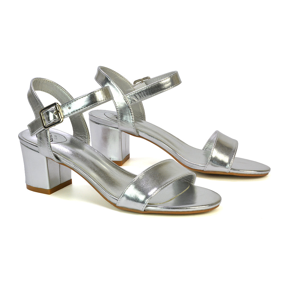 Mariana Strappy Buckle Up Mid Block Heel Sandals in White Synthetic Leather