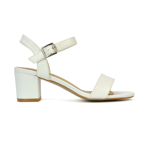 Mariana Strappy Buckle Up Mid Block Heel Sandals in White Synthetic Leather