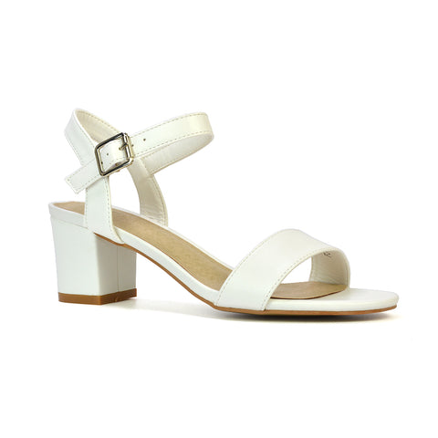 Mariana Strappy Buckle Up Mid Block Heel Sandals in Silver Metallic