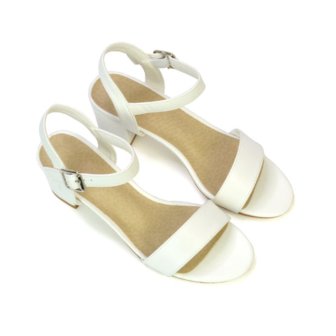 Mariana Strappy Buckle Up Mid Block Heel Sandals in White Synthetic Leather