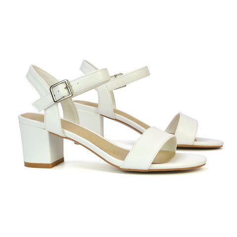 Mariana Strappy Buckle Up Mid Block Heel Sandals in White Synthetic Leather