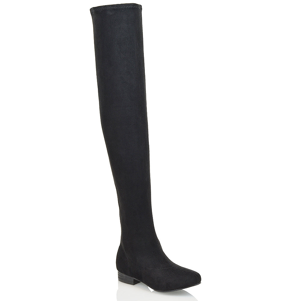 WILLOW FLAT RIDING FAUX SUEDE THIGH KNEE HIGH BOOTS IN BLACK