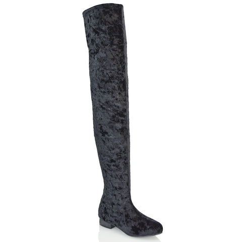 WILLOW FLAT RIDING FAUX SUEDE THIGH KNEE HIGH BOOTS IN BLACK