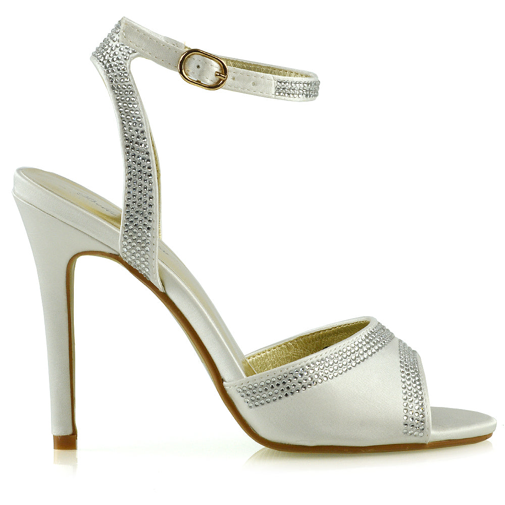 KIMBERLEY DIAMANTE ANKLE STRAP PEEP TOE HIGH HEEL STILETTOS IN IVORY SATIN