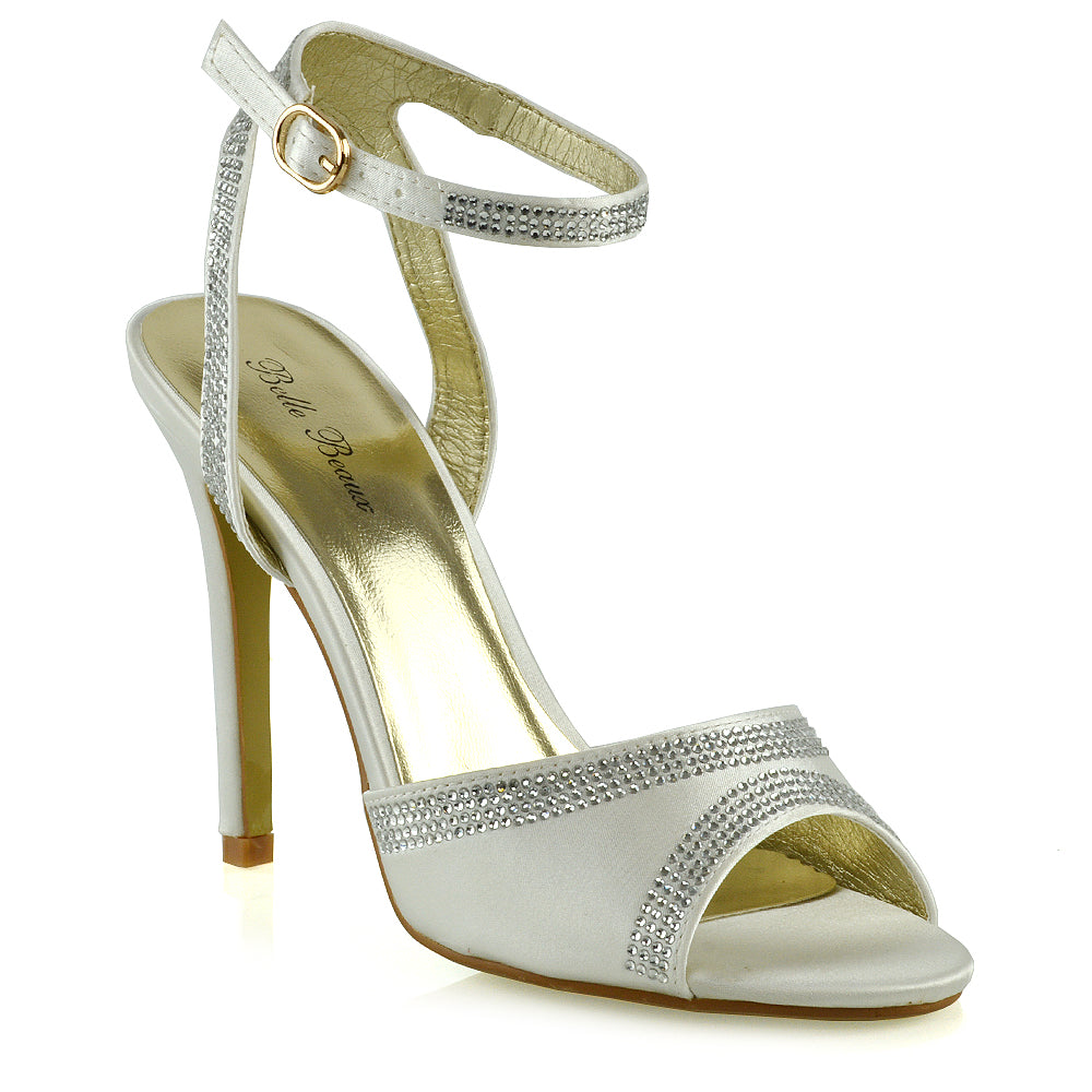 KIMBERLEY DIAMANTE ANKLE STRAP PEEP TOE HIGH HEEL STILETTOS IN IVORY SATIN