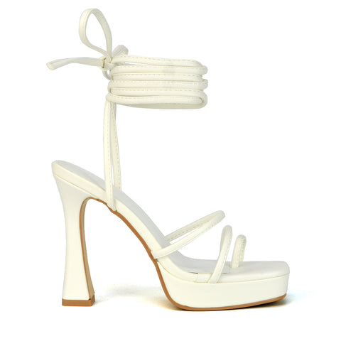 Melrose Toe Post Lace Up Straps Square Toe Platform High Heel in White Synthetic Leather