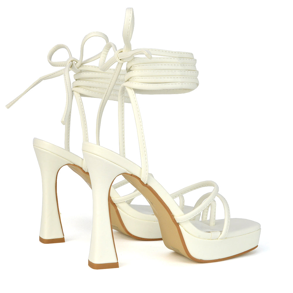Melrose Toe Post Lace Up Straps Square Toe Platform High Heel in White Synthetic Leather