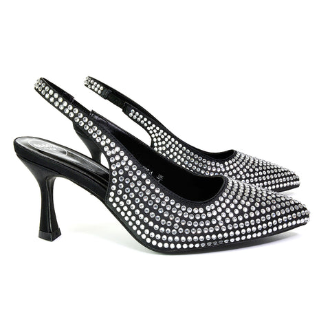 Vaia Pointed Toe Sling Back Diamante Bridal Heels Court Shoes in Black