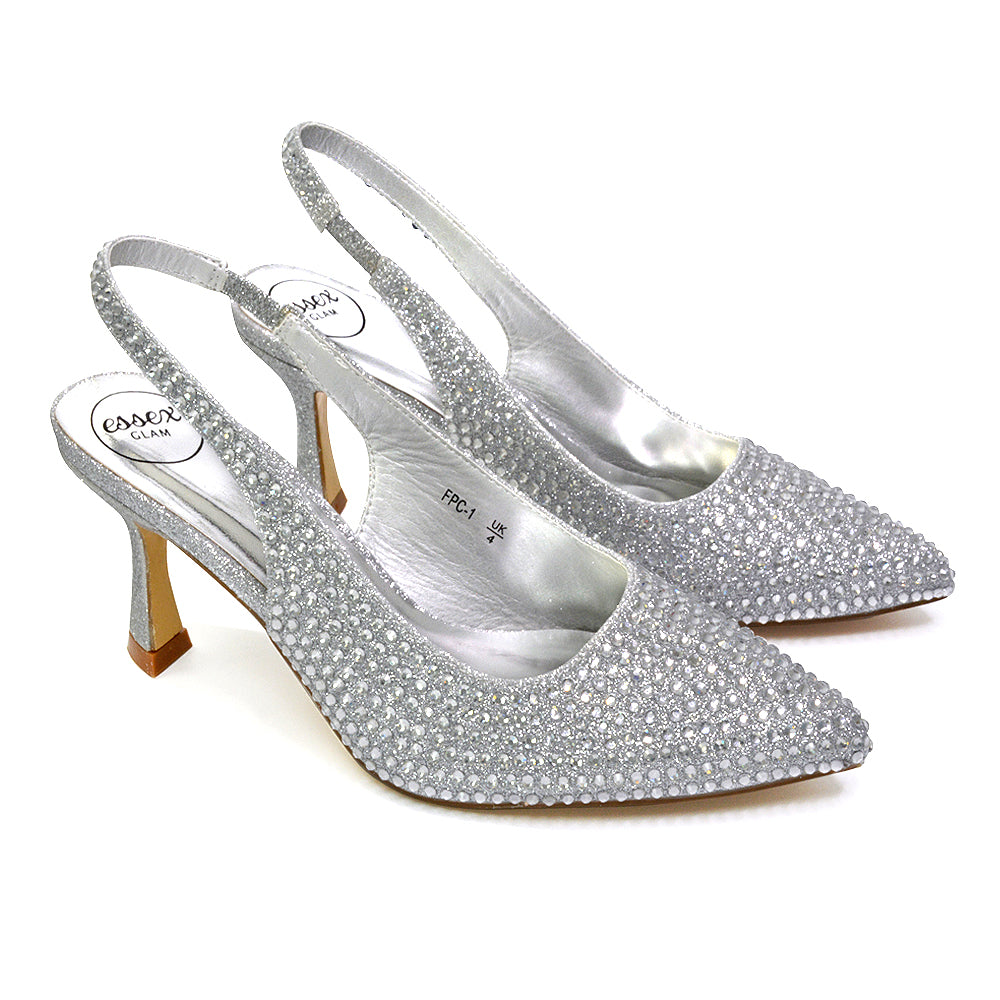 Vaia Pointed Toe Sling Back Diamante Bridal Heels Court Shoes in SIlver