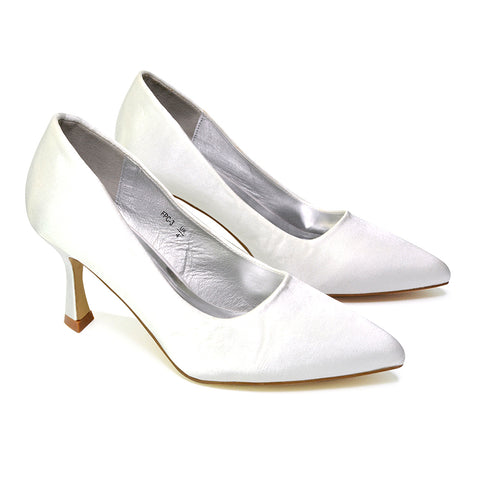Romi Bridal Shoes Pointed Toe Wedding Glitter Court Shoes Mid Stiletto Heels in White