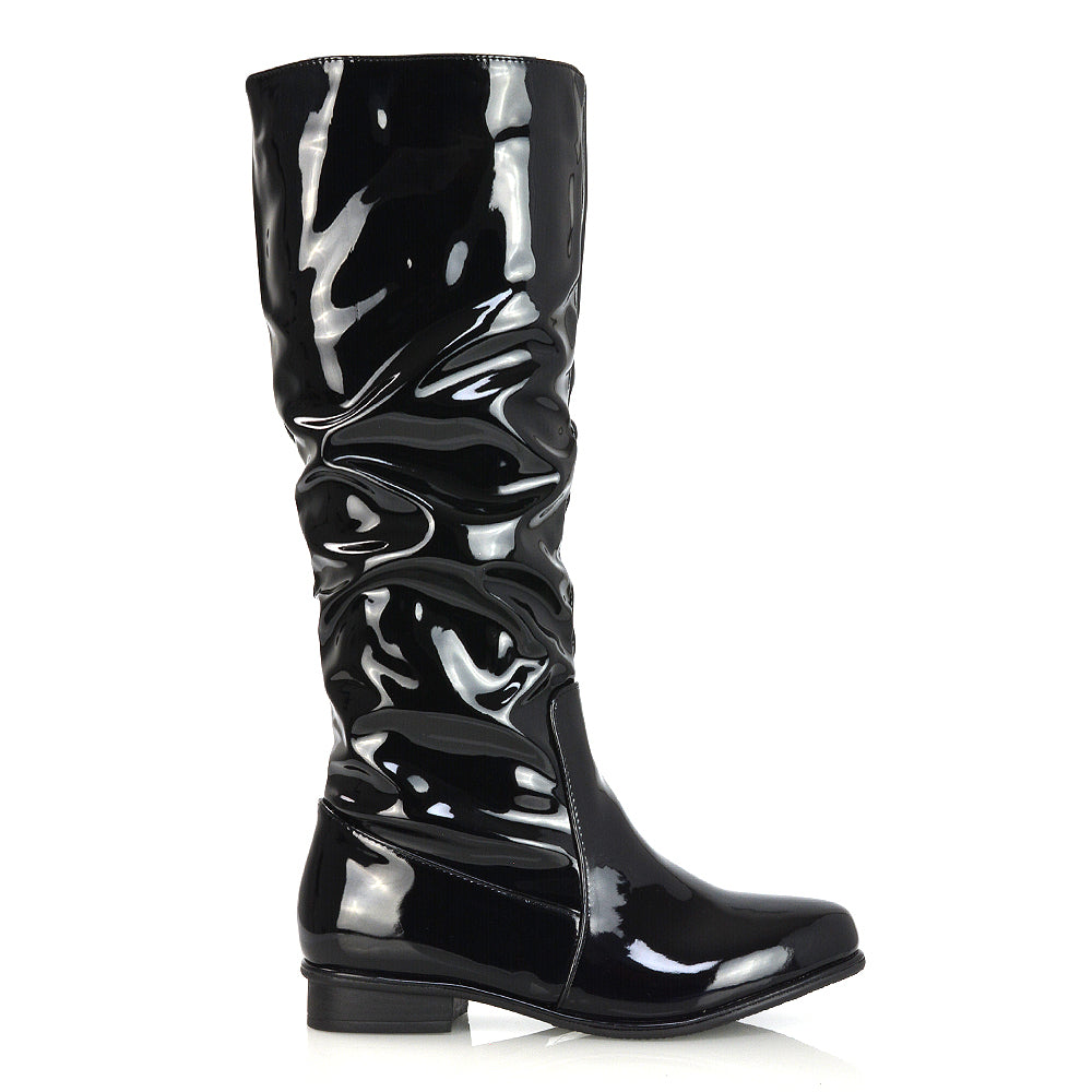 Kacey Slouch Detail Zip up Flat Knee High Long Riding Boots in Black Patent