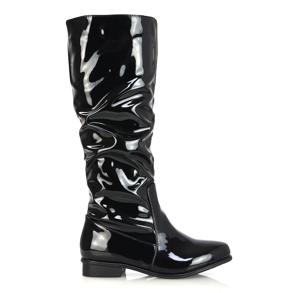 Kacey Slouch Detail Zip up Flat Knee High Long Riding Boots in Black Synthetic Leather