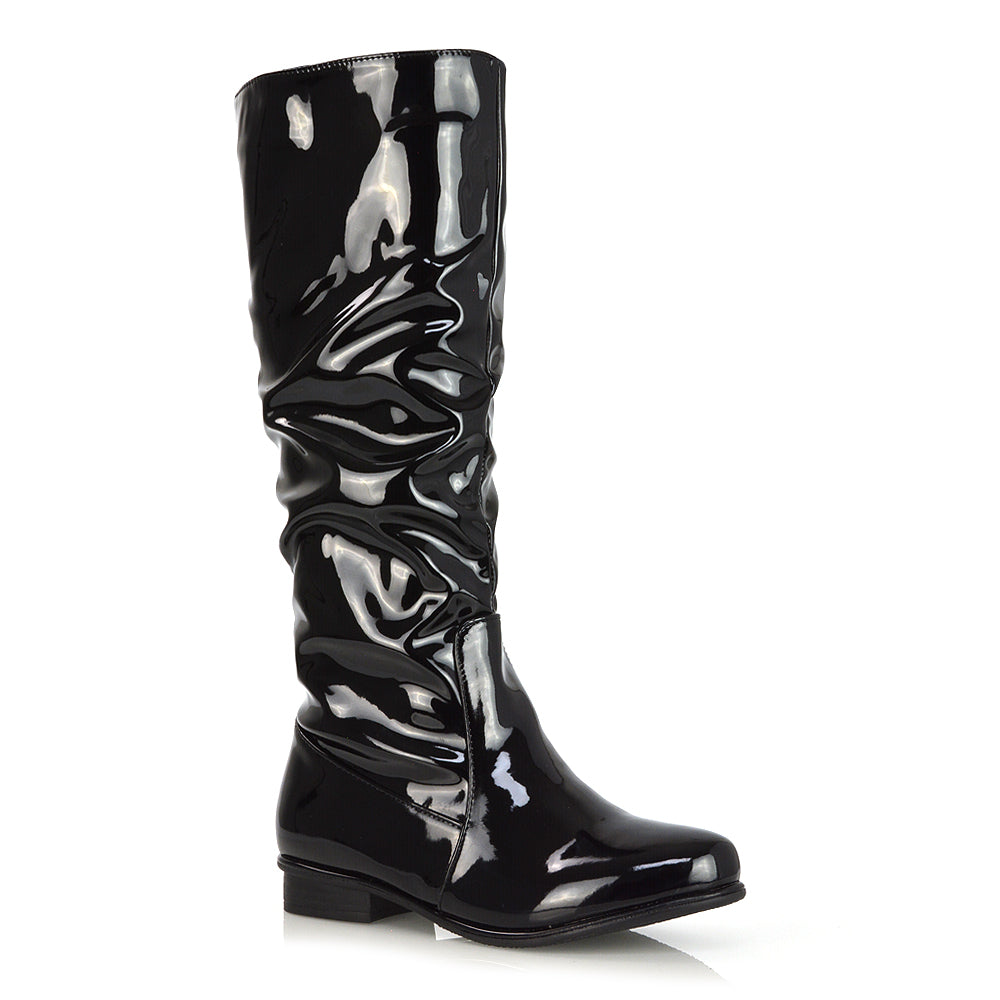 Kacey Slouch Detail Zip up Flat Knee High Long Riding Boots in Black Synthetic Leather